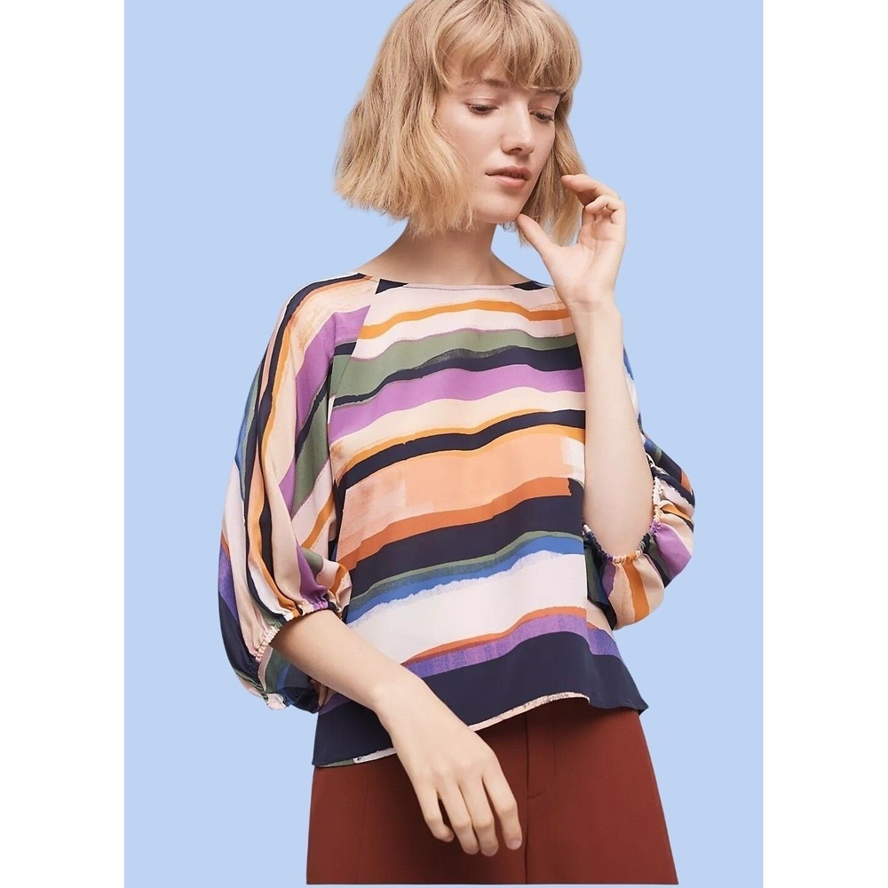 Maeve Anthropologie Silk Kimono Blouse Large Multi-Color Striped Boho Flowy Art
